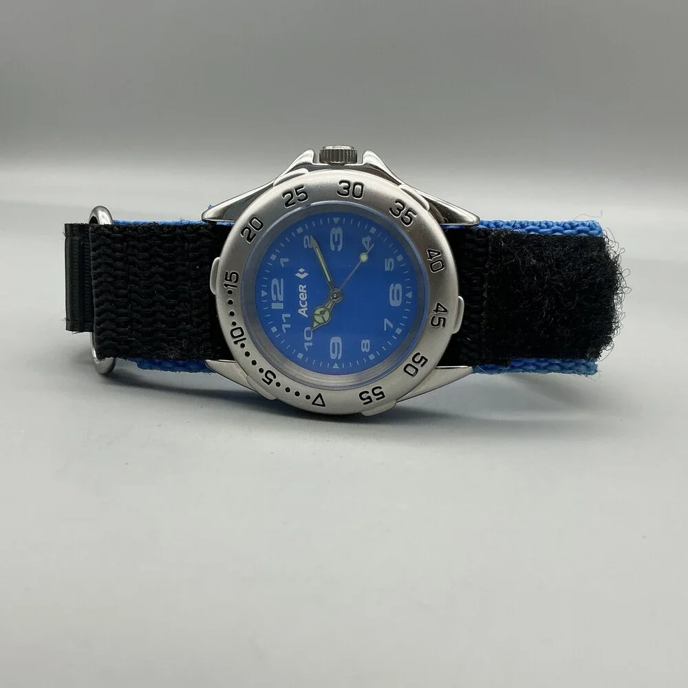 Acer Boys Watch 38mm Blue Dial Silver Tone Black Nylon Strap New Battery